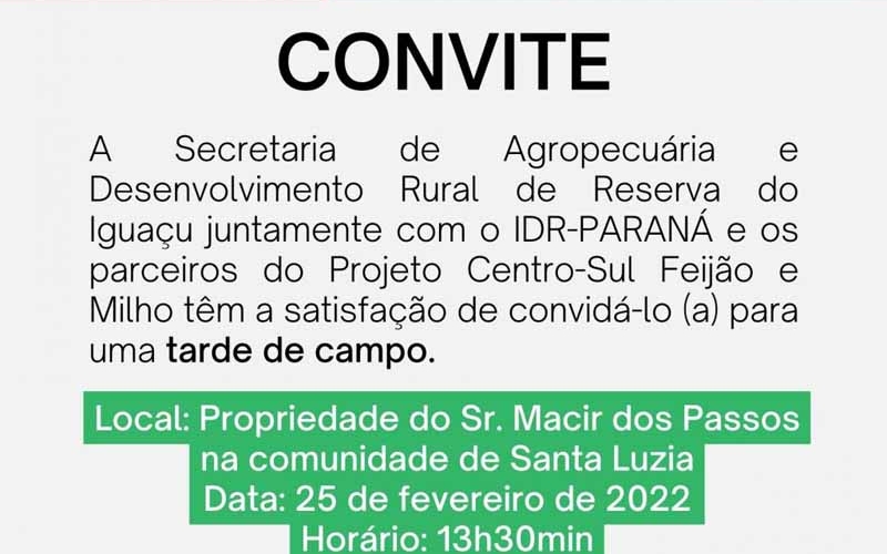 A SECRETARIA DE AGROPECUÁRIA E DESENVOLVIMENTO RURAL CONVIDA PARA UMA TARDE DE CAMP